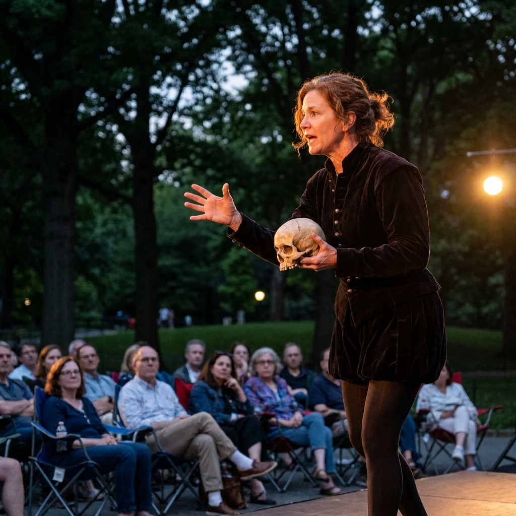 An actor on an outdoor stage in Central Park performing Shakespeare at dusk, with the audience seated on folding chairs under stage lights