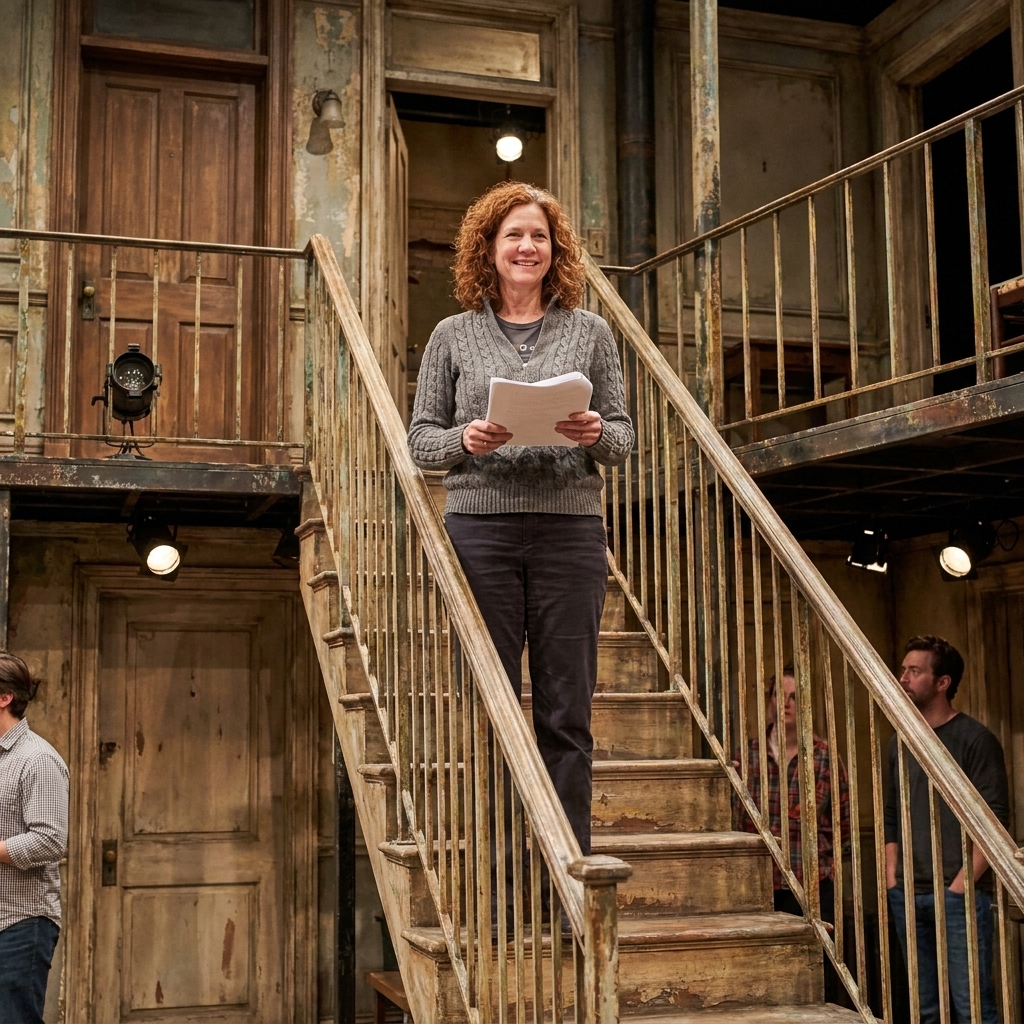 An actor standing at the top of a tall stage staircase inside a realistic interior set, with doors on multiple levels and worn textures on the railings, photographed during a rehearsal