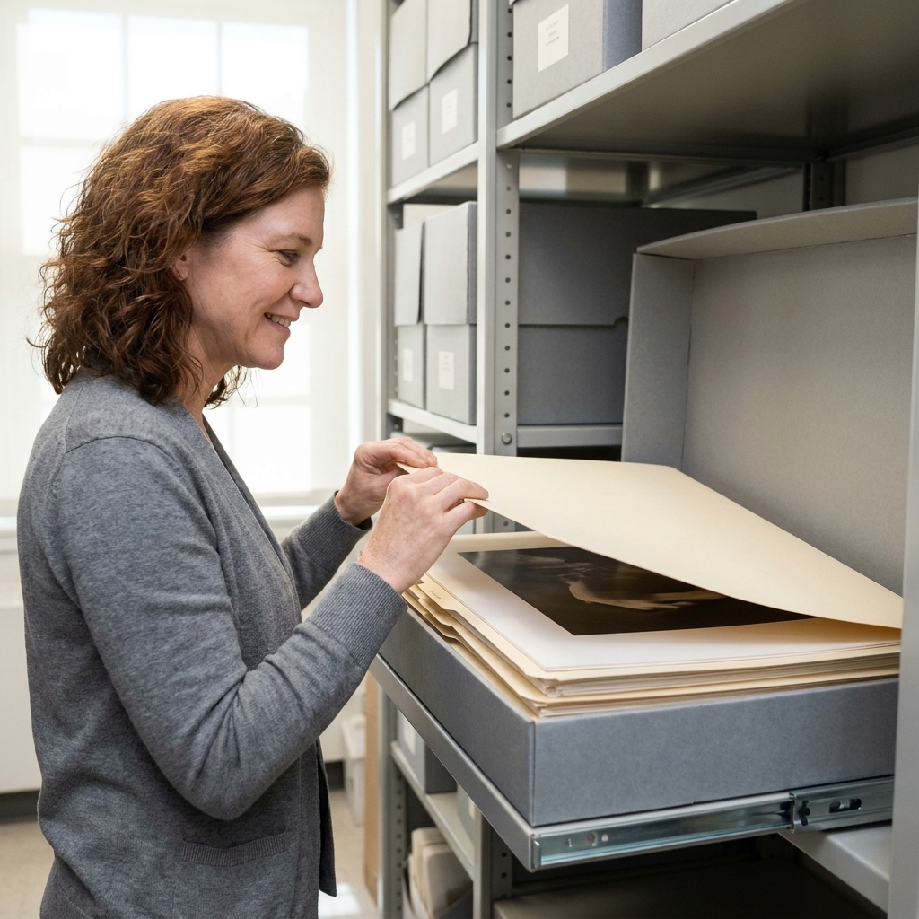 An archival storage box on a shelf with acid-free folders inside, each holding a large fine art print kept flat and protected