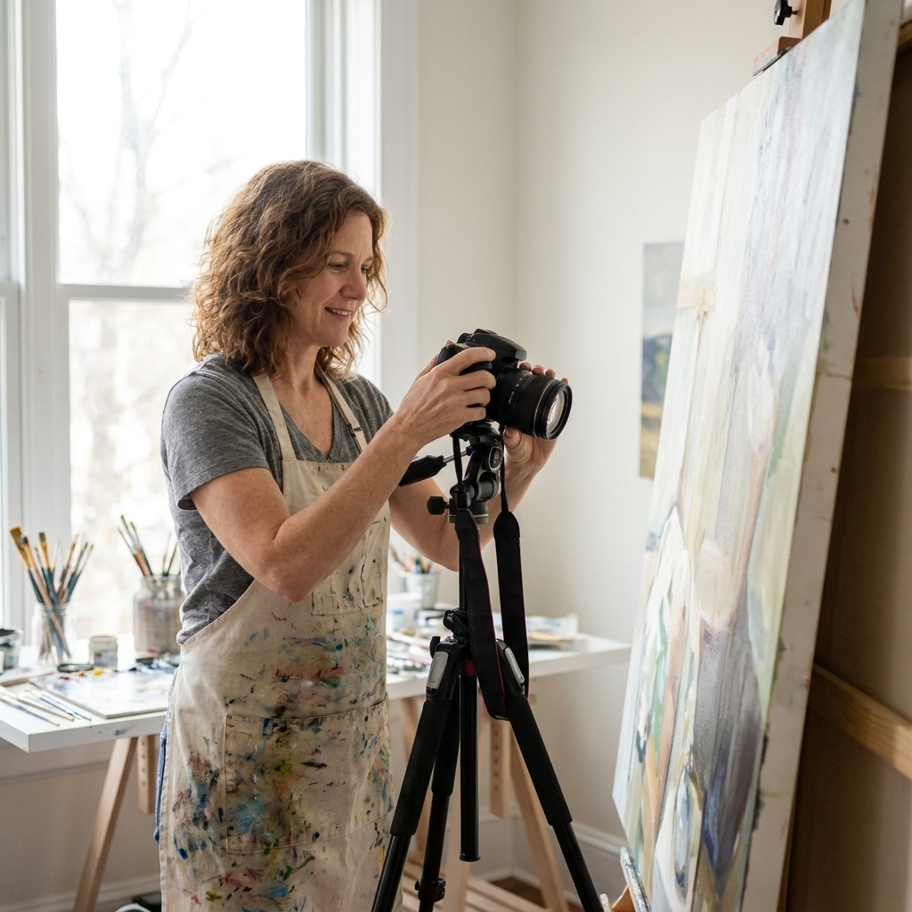 An artist photographing artwork in a bright studio using a tripod-mounted camera, with soft daylight coming through a window