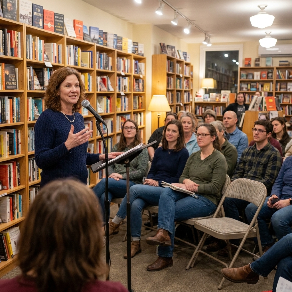 An artist speaking in a small independent bookstore while an audience sits among shelves, listening attentively