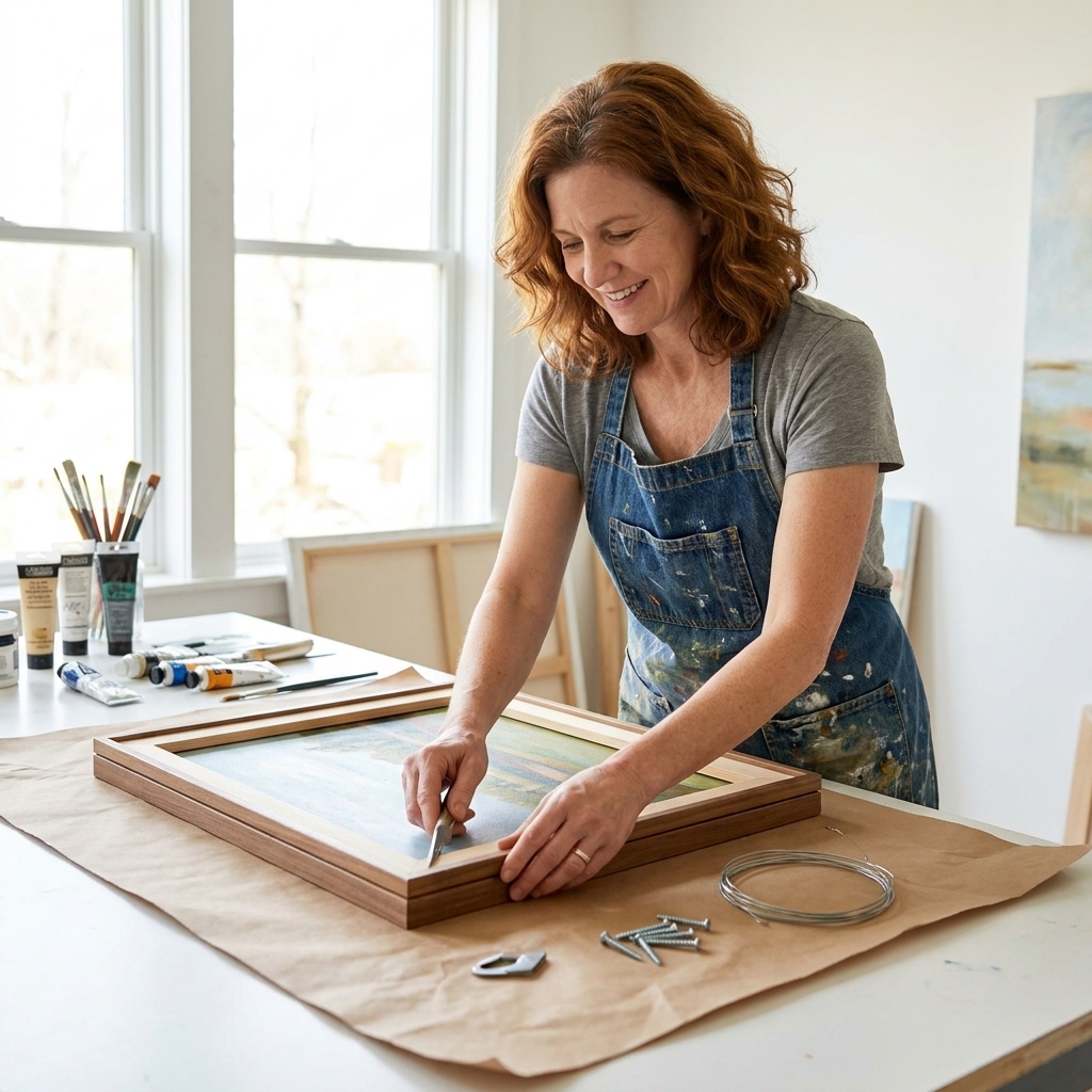 An emerging artist in a bright studio carefully assembling a framed painting on a worktable with framing tools and protective paper nearby