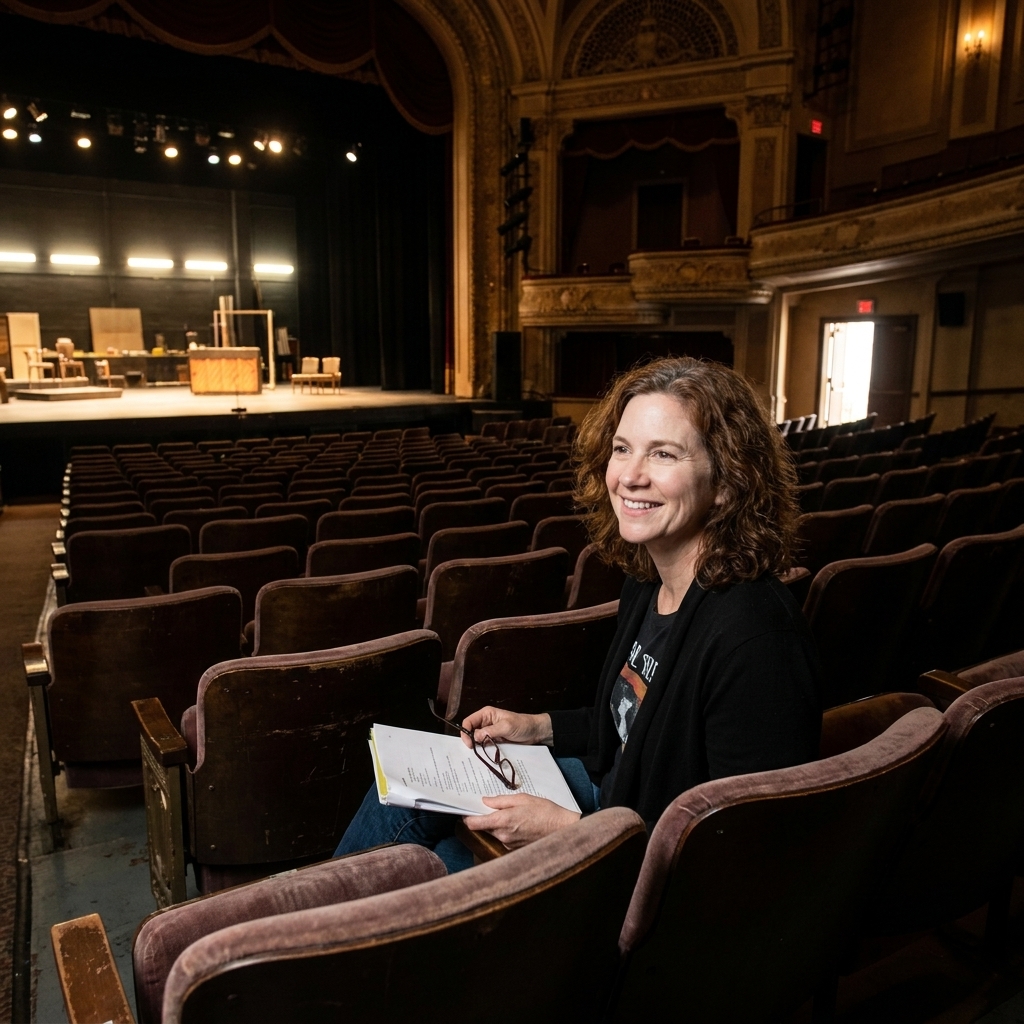 An empty proscenium theater auditorium with rows of seats and a lit stage, photographed during a quiet rehearsal moment