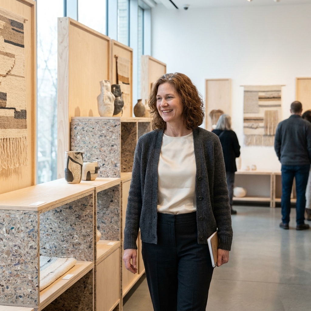 An exhibition space featuring clean modular display structures made from wood and recycled materials, with a calm neutral palette