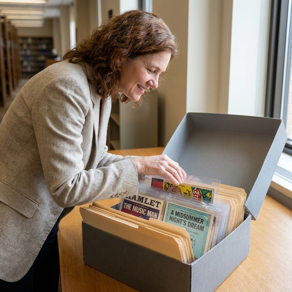 An open acid-free archival storage box on a table, with neatly stacked folders and clear protective sleeves holding theater programs