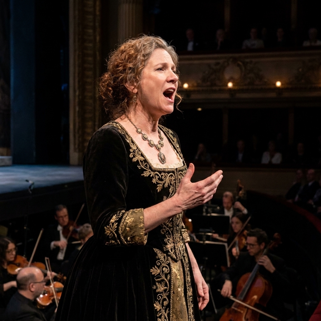 An opera singer in costume singing on a lit stage with an orchestra in the pit, mid-phrase with expressive posture
