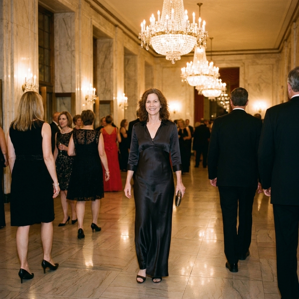 Audience members in semi-formal eveningwear walking through the lobby of an opera house with marble floors and warm chandeliers, candid photograph