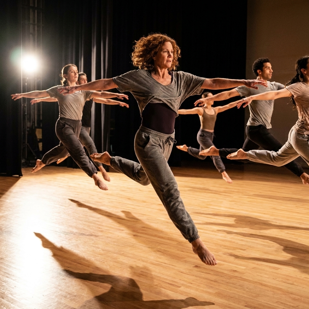 Contemporary dancers in rehearsal clothing moving in unison on a stage, captured mid-leap with dramatic side lighting and visible floor shadows