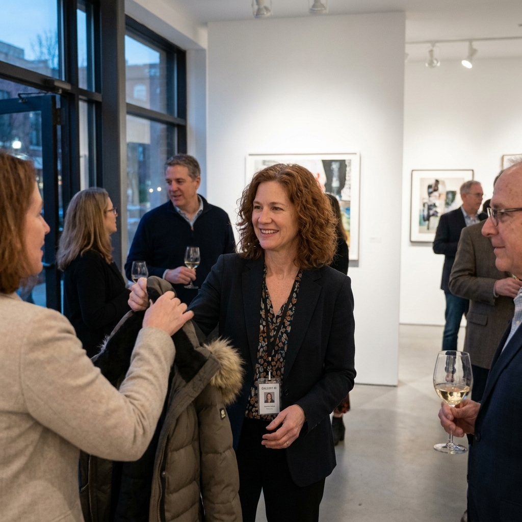 Guests arriving at a city art gallery opening while a staff member accepts coats near the entrance, with framed artworks visible deeper in the room