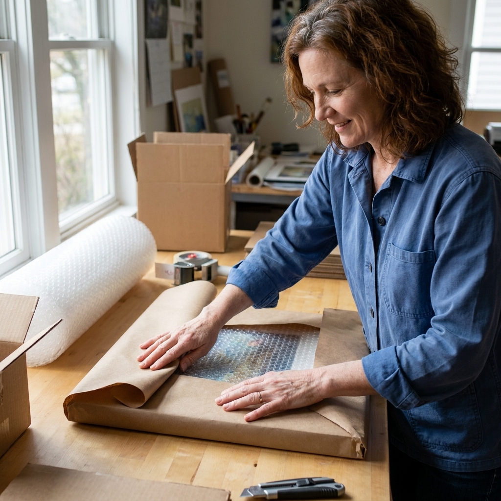 Hands wrapping a framed artwork with protective paper and bubble wrap on a worktable, with shipping materials nearby