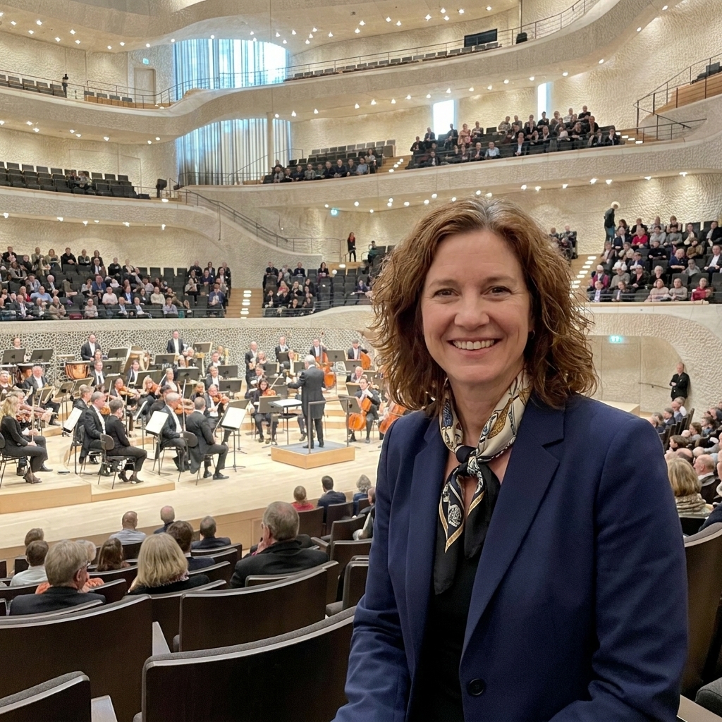 Inside the Elbphilharmonie in Hamburg, showing vineyard-style seating curving around a central stage under pale textured walls