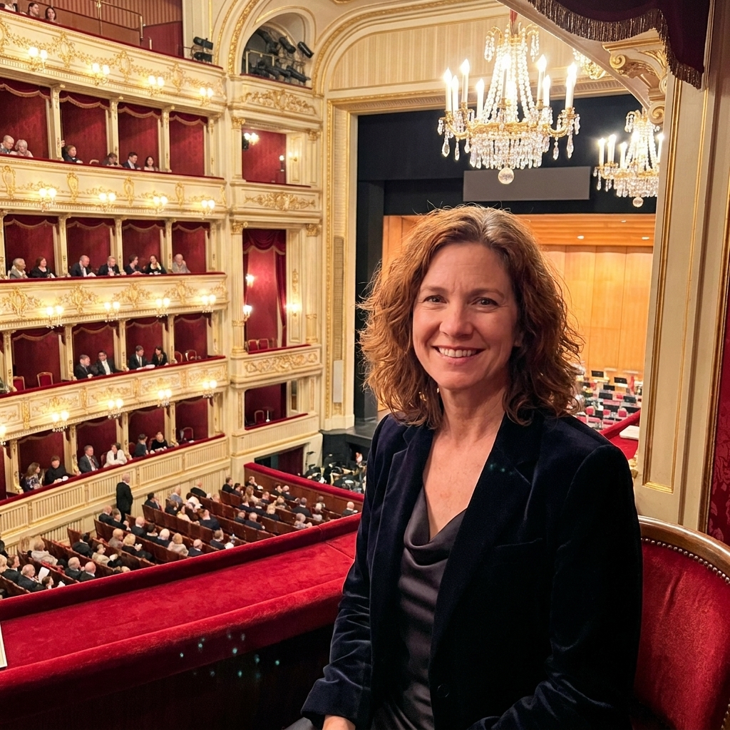 Inside the Vienna State Opera, with chandeliers glowing above red seating and gilded balconies facing the stage