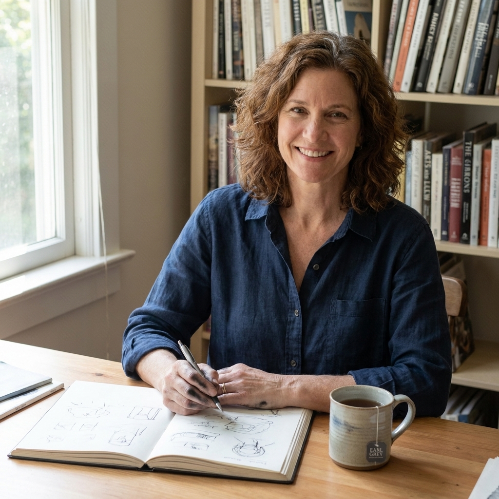 Julianne Mercer sitting at a wooden desk with an open notebook and a mug of Earl Grey tea, soft window light, shelves of art books behind her, a bit of charcoal dust on her fingers