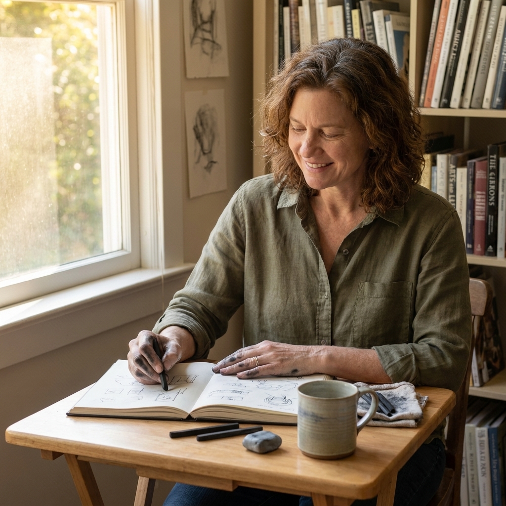 Julianne Mercer sketching with charcoal at a small table, smudged fingertips and a well-used sketchbook, a teacup nearby, late afternoon light