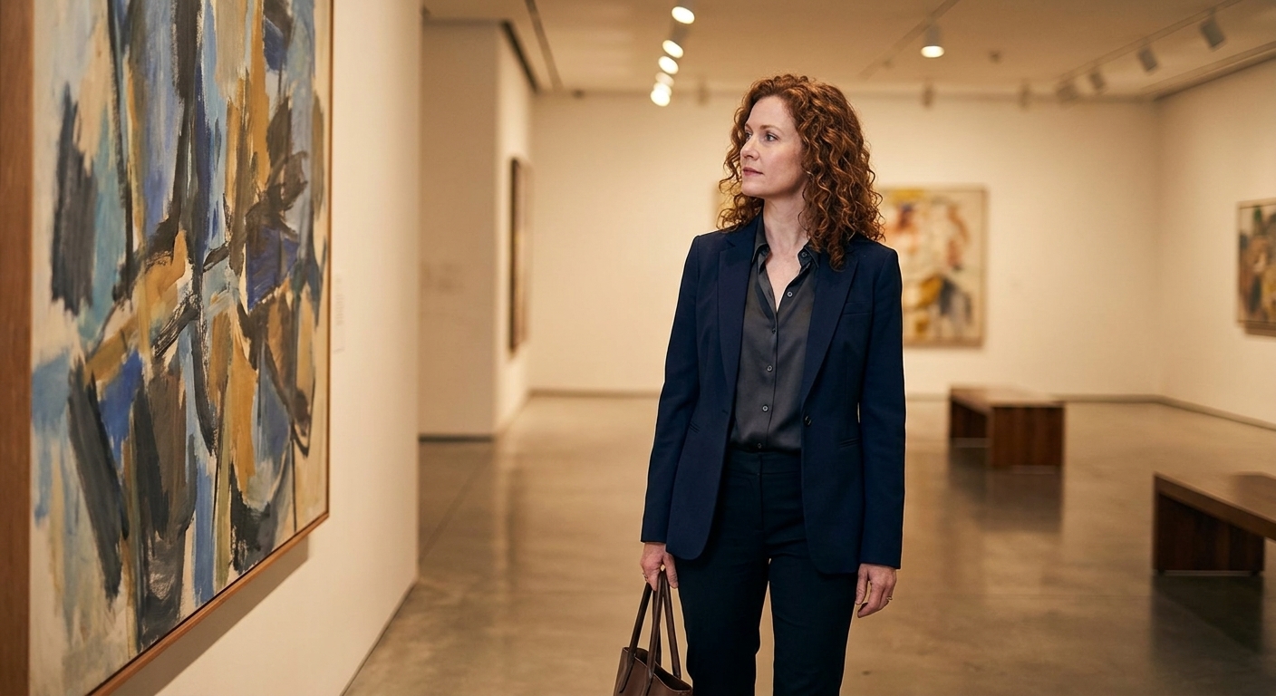 Julianne Mercer walking through a quiet museum gallery, pausing in front of a large modernist painting, warm overhead lighting reflecting softly on the polished floor