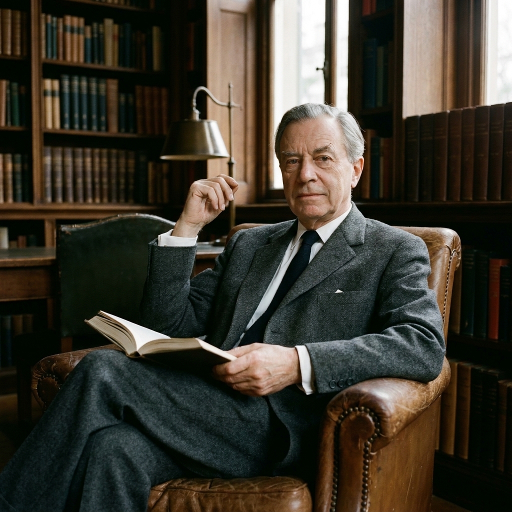 Kenneth Clark in a suit seated in a library-like room, photographed in a classic mid-century style