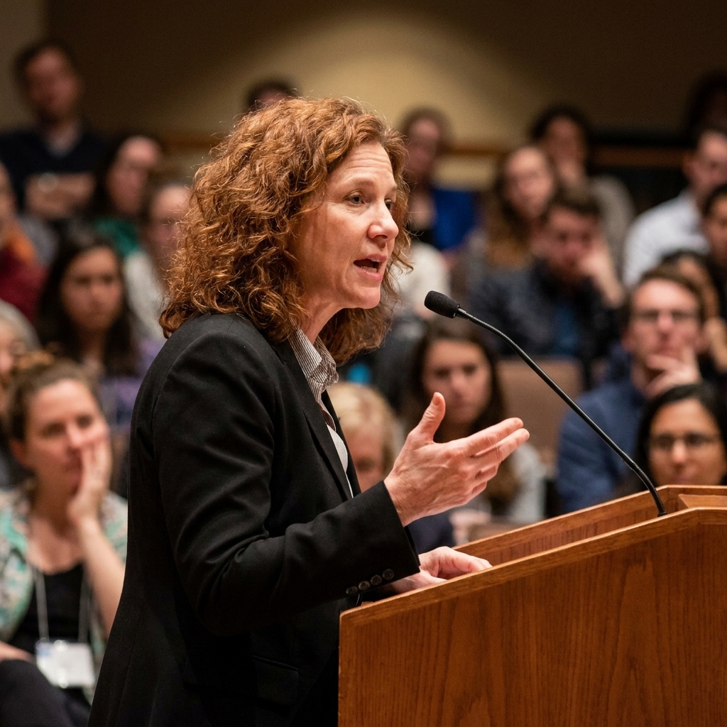 Linda Nochlin speaking at a lectern in an auditorium, captured mid-sentence with an engaged audience blurred in the background