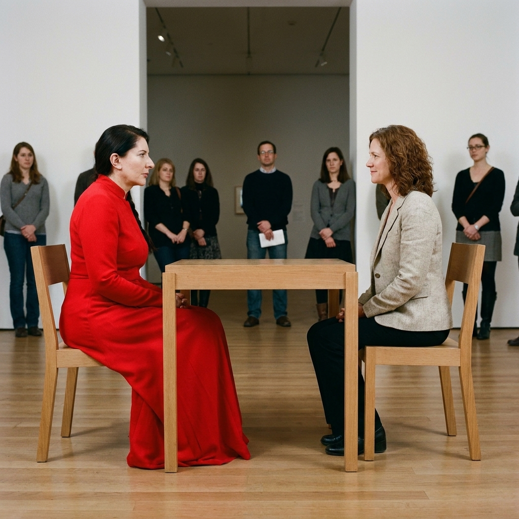 Marina Abramović seated at a table in MoMA during The Artist Is Present, facing a visitor in a quiet gallery