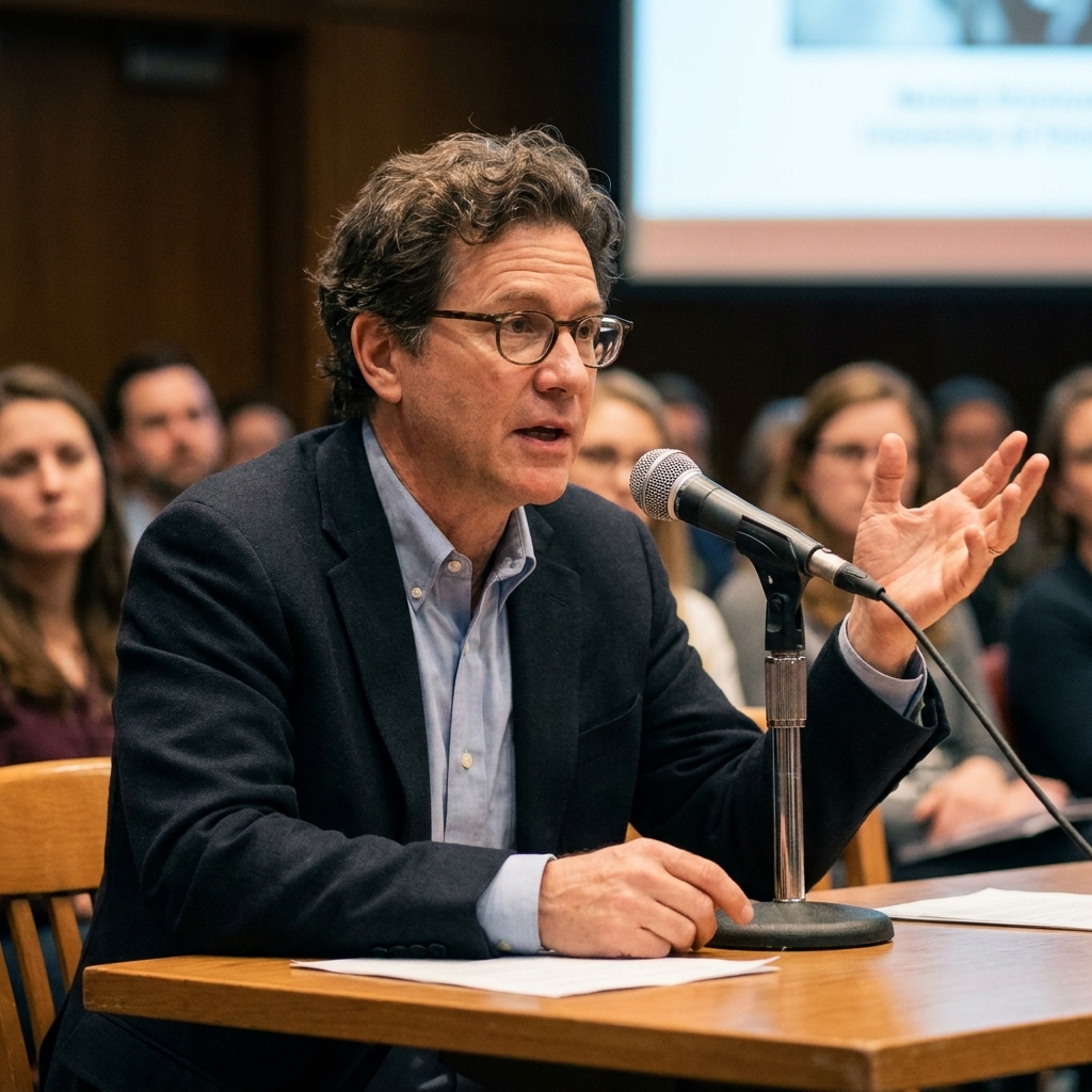 Nicholas Mirzoeff seated at a table during a talk, gesturing with one hand while speaking into a microphone