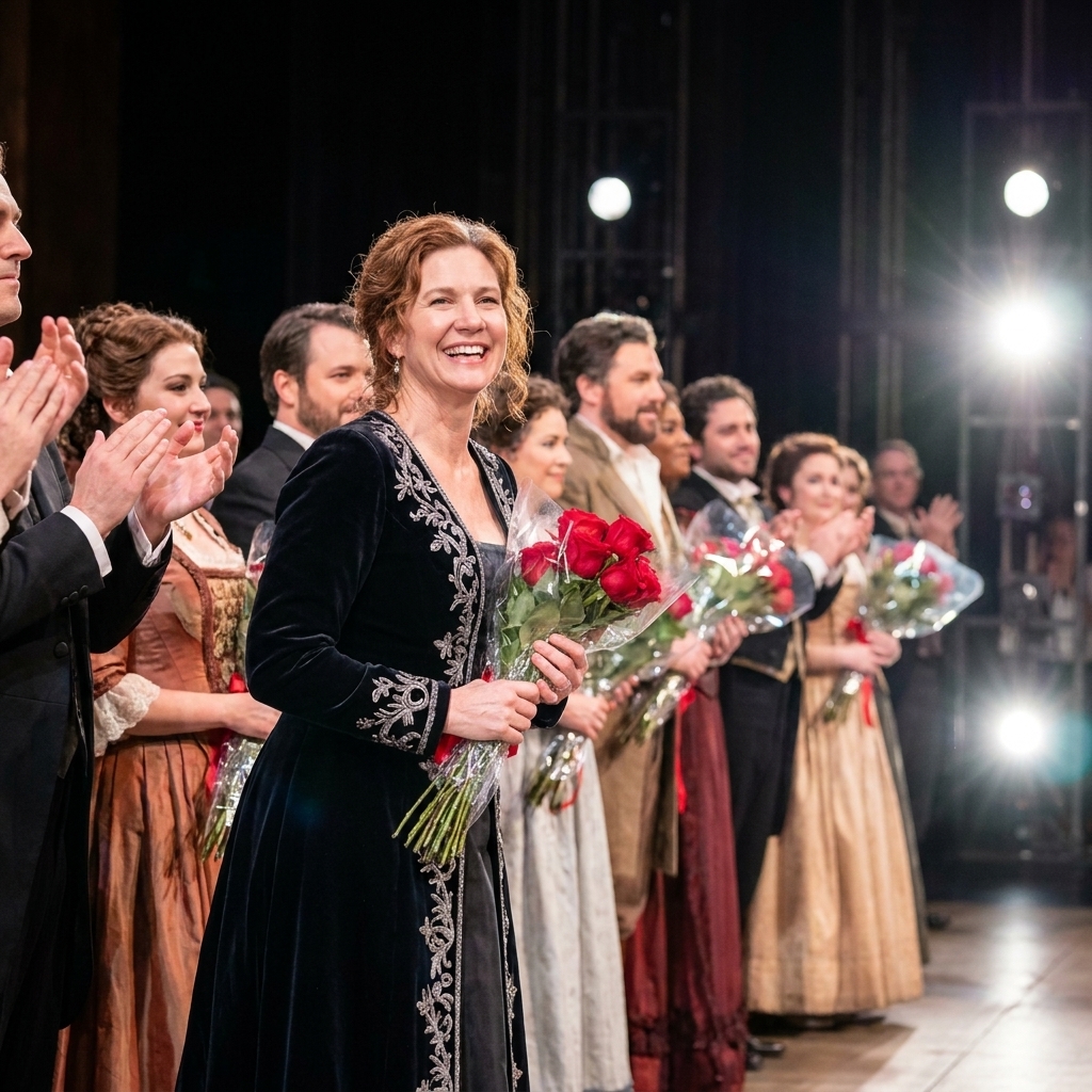 Opera performers lined up during curtain call on a brightly lit stage while the audience applauds, with bouquets in the performers' hands