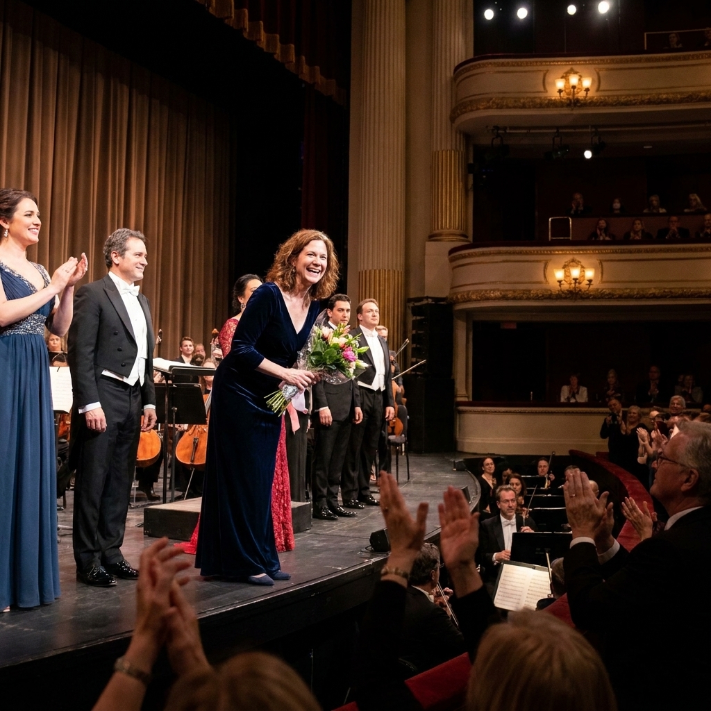 Opera singers and conductor taking a curtain call on a grand stage with the orchestra pit visible, audience hands raised in applause, theater photograph