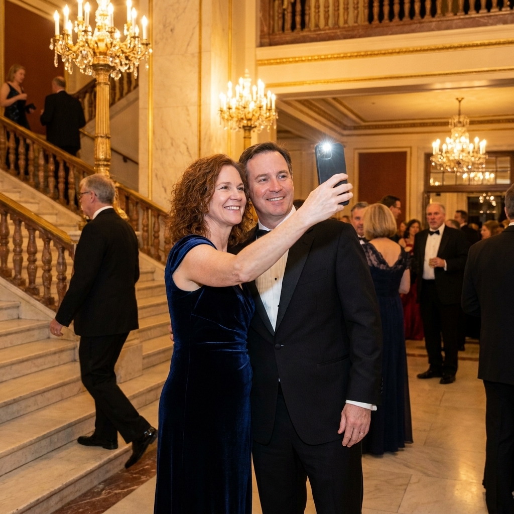 People in evening attire standing in an ornate opera house lobby with grand staircases and warm lighting, a couple taking a quick pre-show photo, candid photograph
