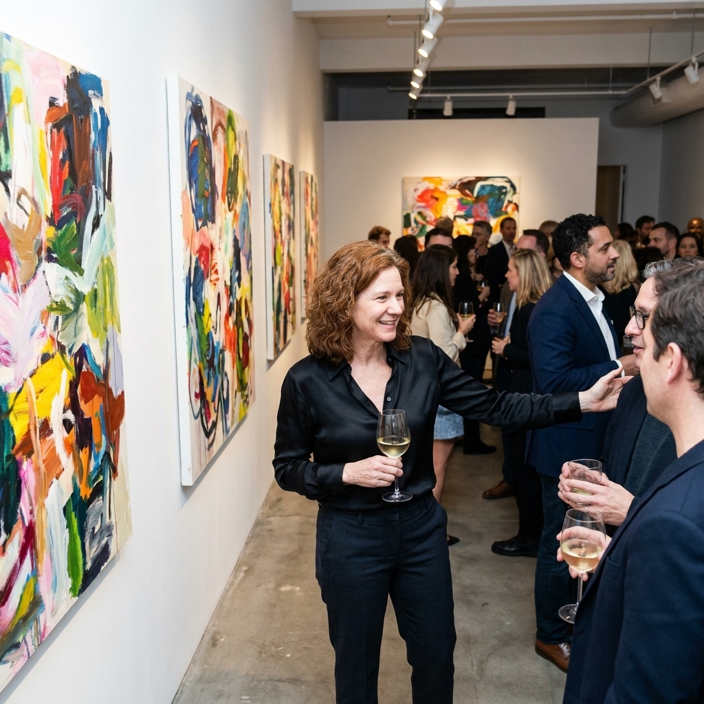 People standing with drinks at a contemporary gallery opening in New York, facing a white wall with colorful abstract paintings