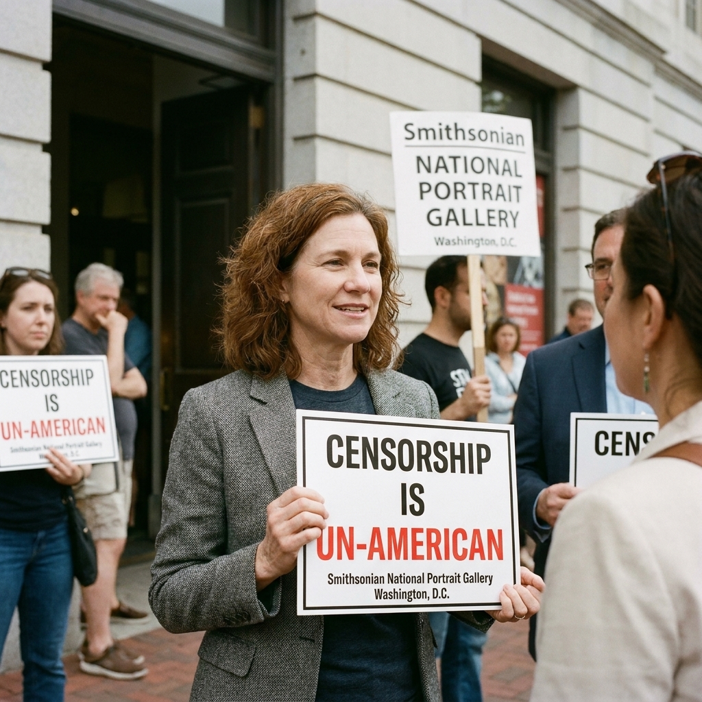 Protesters holding signs outside the Smithsonian National Portrait Gallery in Washington, D.C., during the Hide/Seek controversy