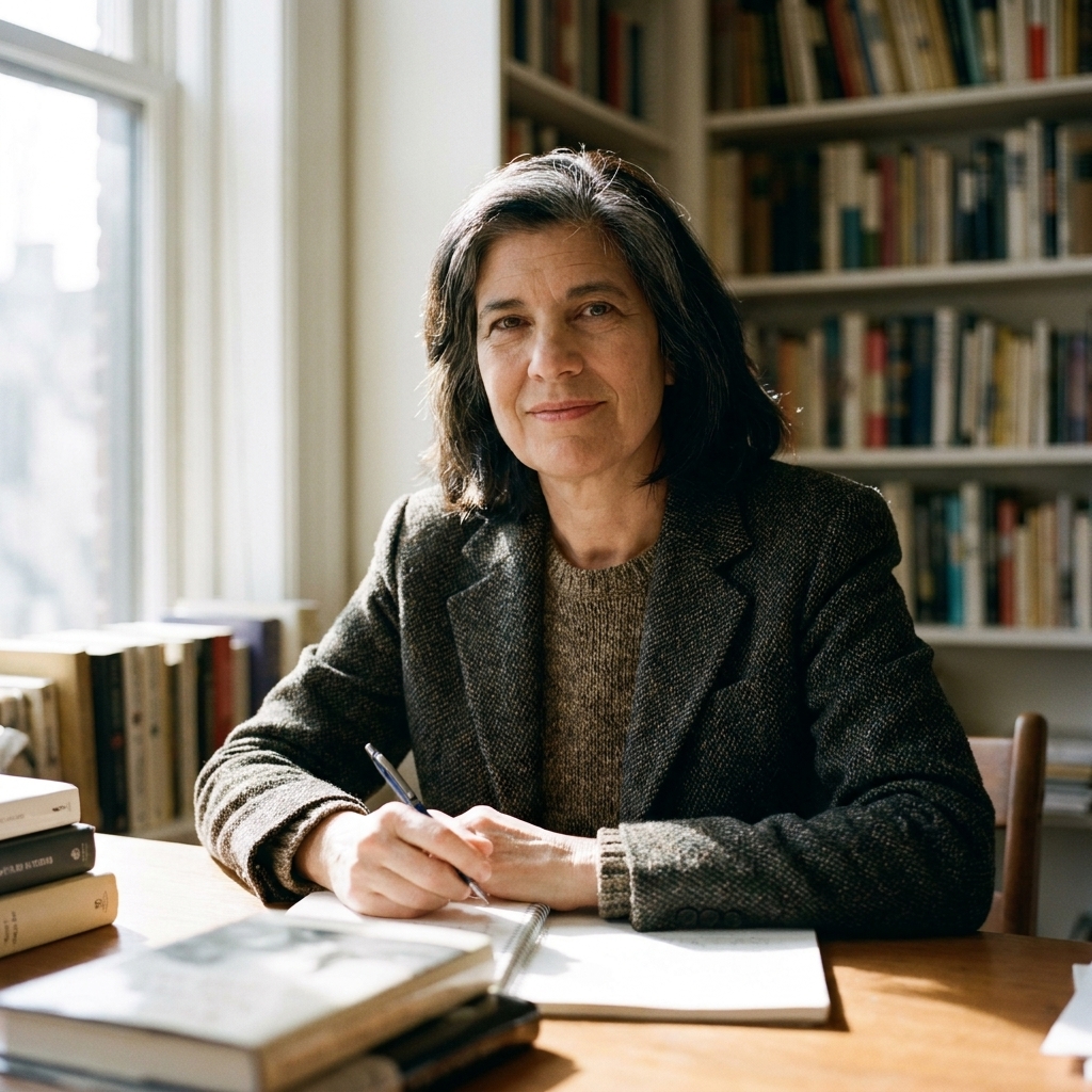 Susan Sontag seated at a desk in a quiet room, photographed in natural light with bookshelves softly out of focus behind her