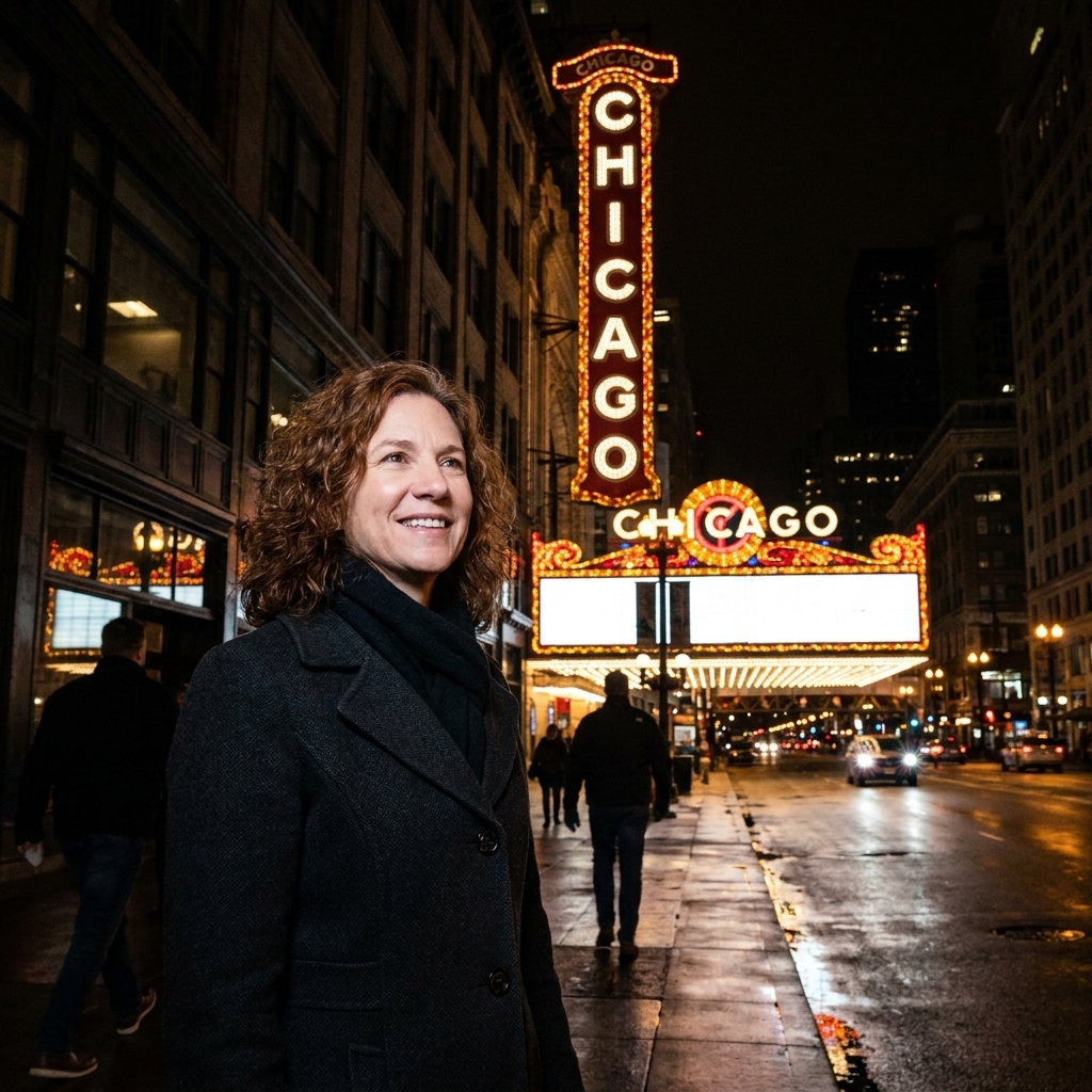The Chicago Theatre marquee at night with glowing lights and a dark façade, creating a high-contrast, cinematic street-level scene