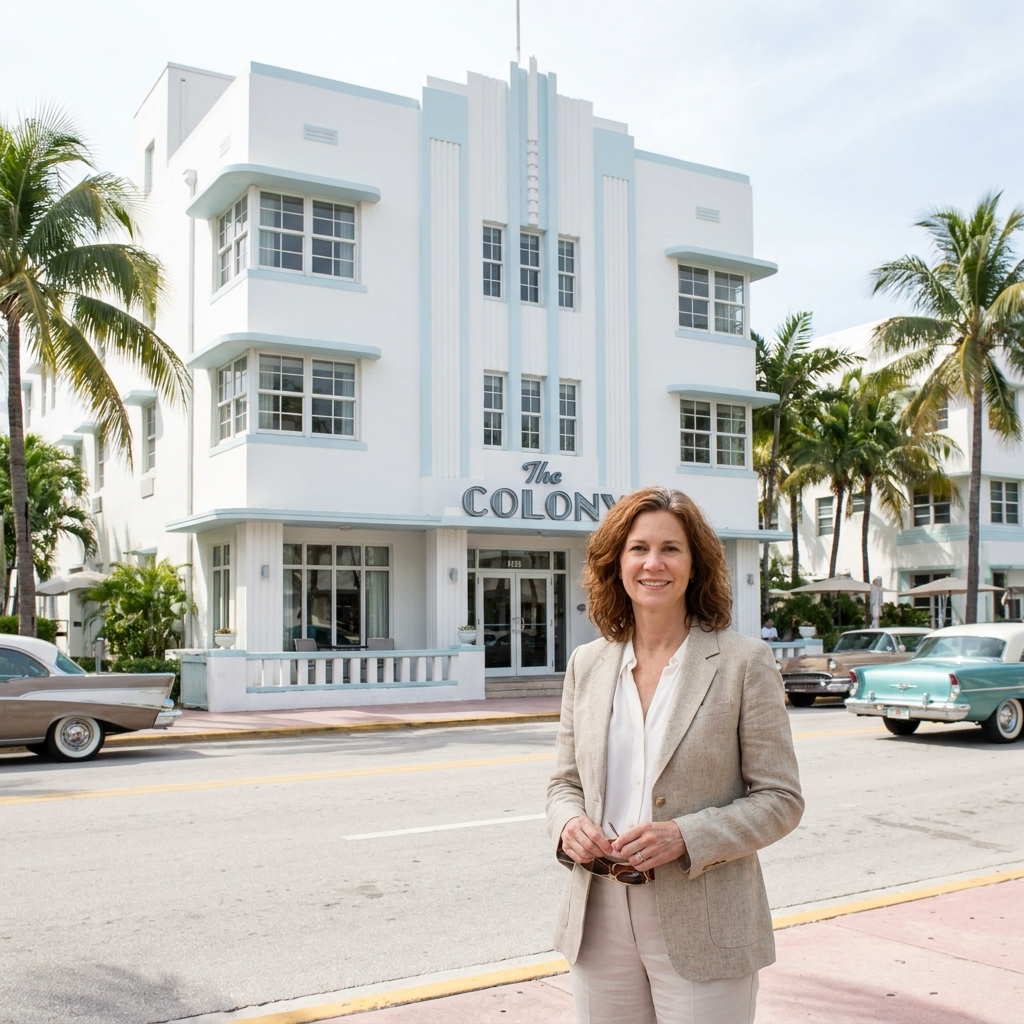 The Colony Hotel on Ocean Drive in Miami Beach photographed in daylight, showing its streamlined façade, symmetrical windows, and vertical Art Deco detailing