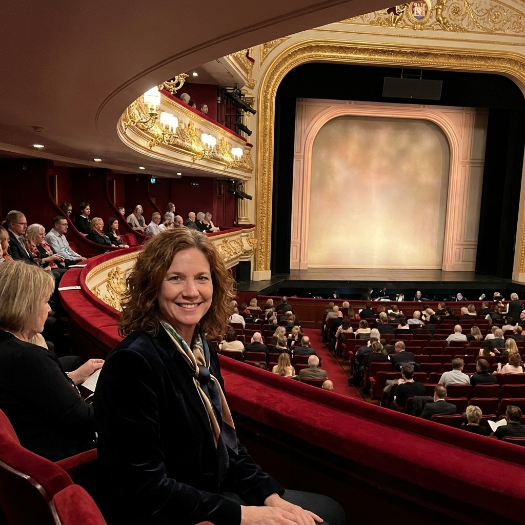 The Royal Opera House auditorium in London, with red seats, gold trim, and a softly lit proscenium framing the stage