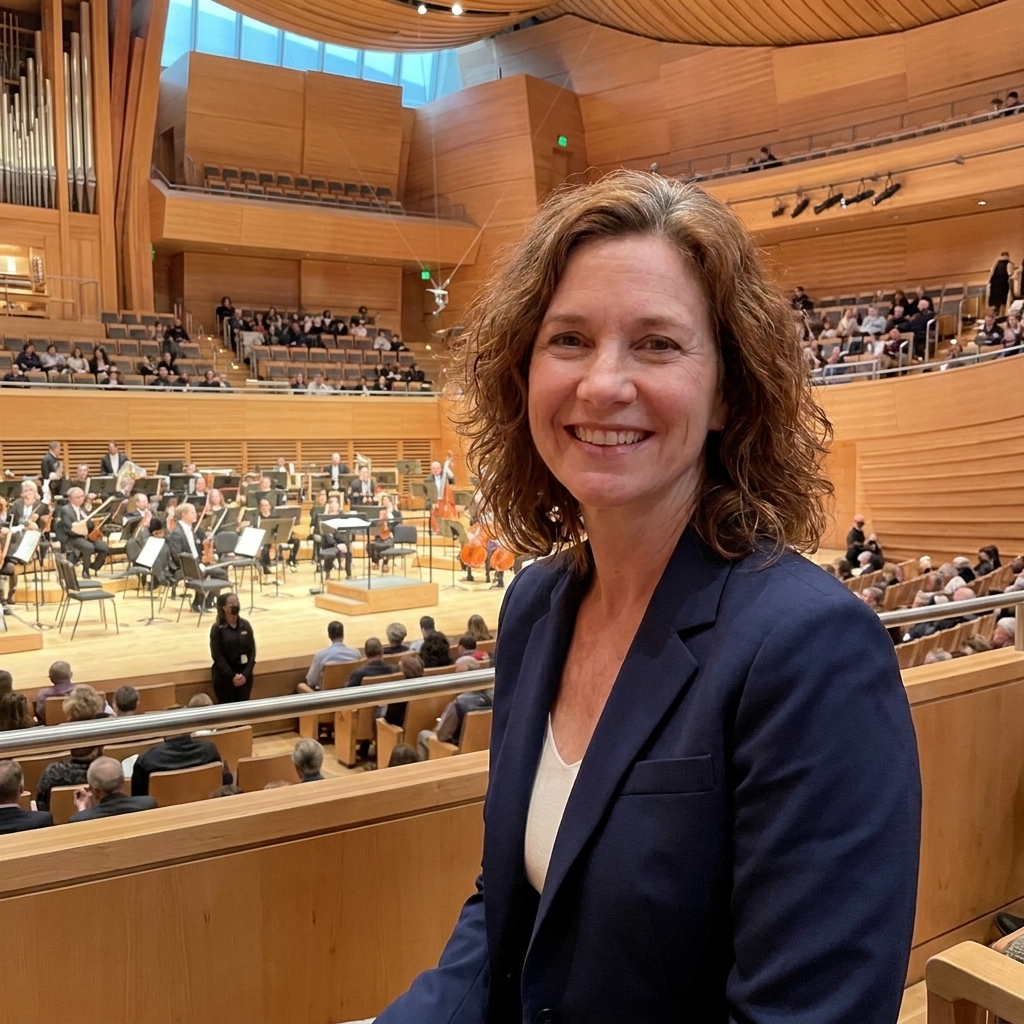 The Walt Disney Concert Hall in Los Angeles, showing sweeping light-colored wood panels and vineyard seating surrounding the orchestra stage