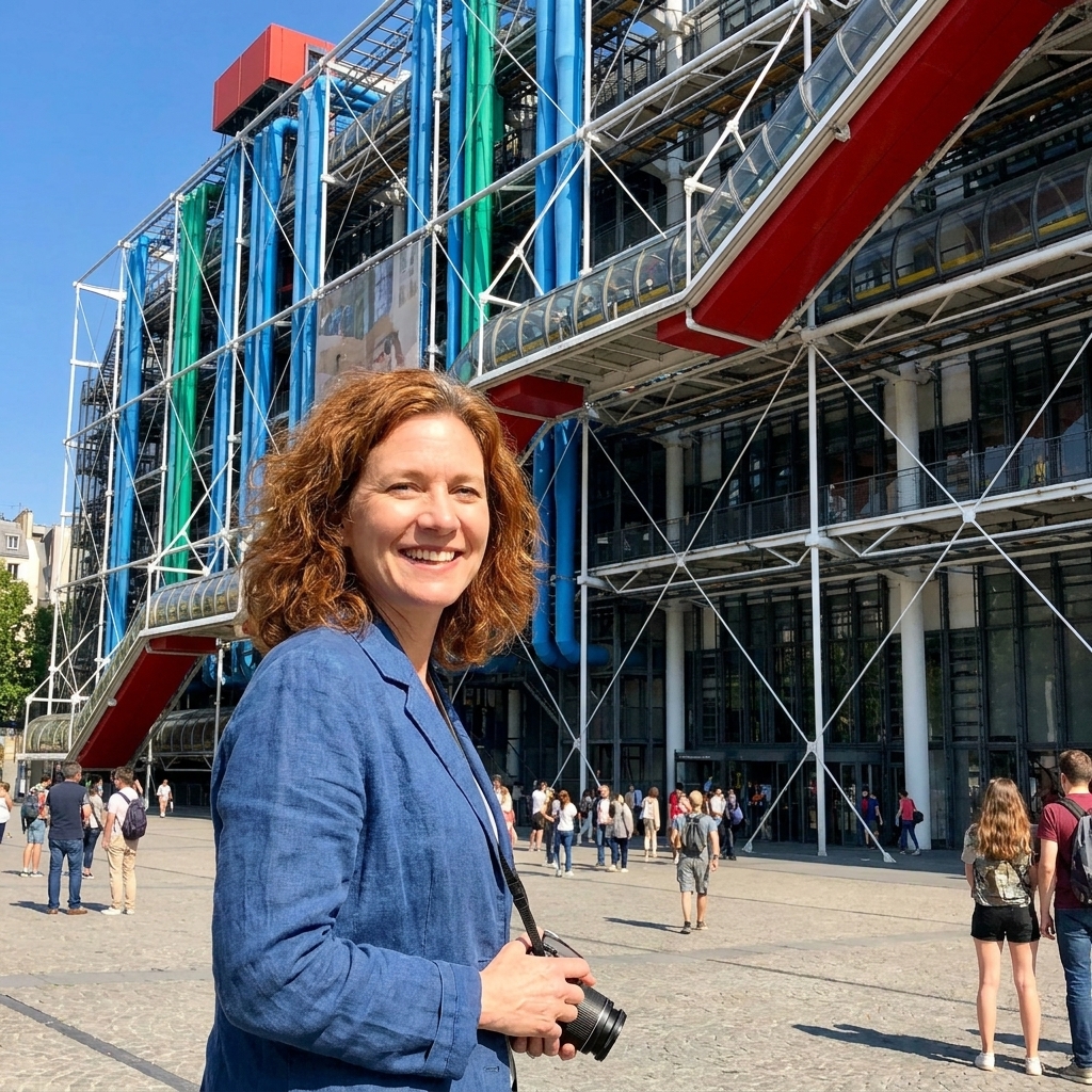 The exterior of the Centre Pompidou in Paris on a clear day, with visitors gathered near the entrance and the building’s colorful exposed structural elements visible