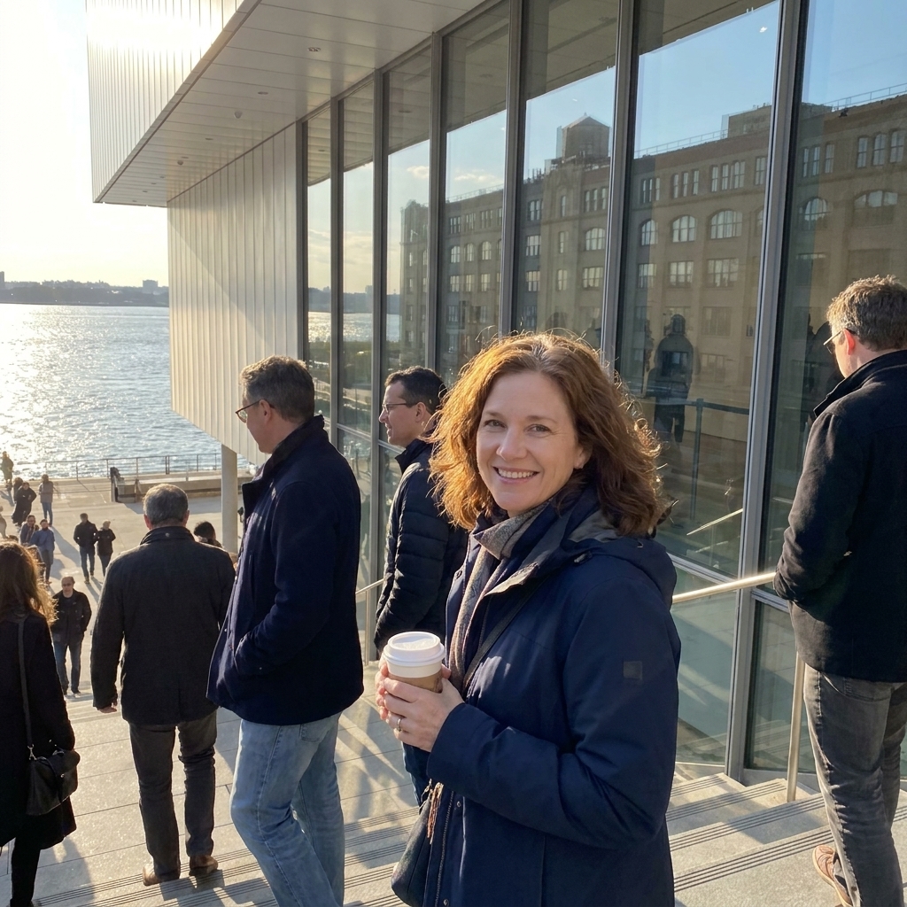 The exterior of the Whitney Museum in the Meatpacking District with visitors on the steps and the Hudson River light reflecting off nearby buildings