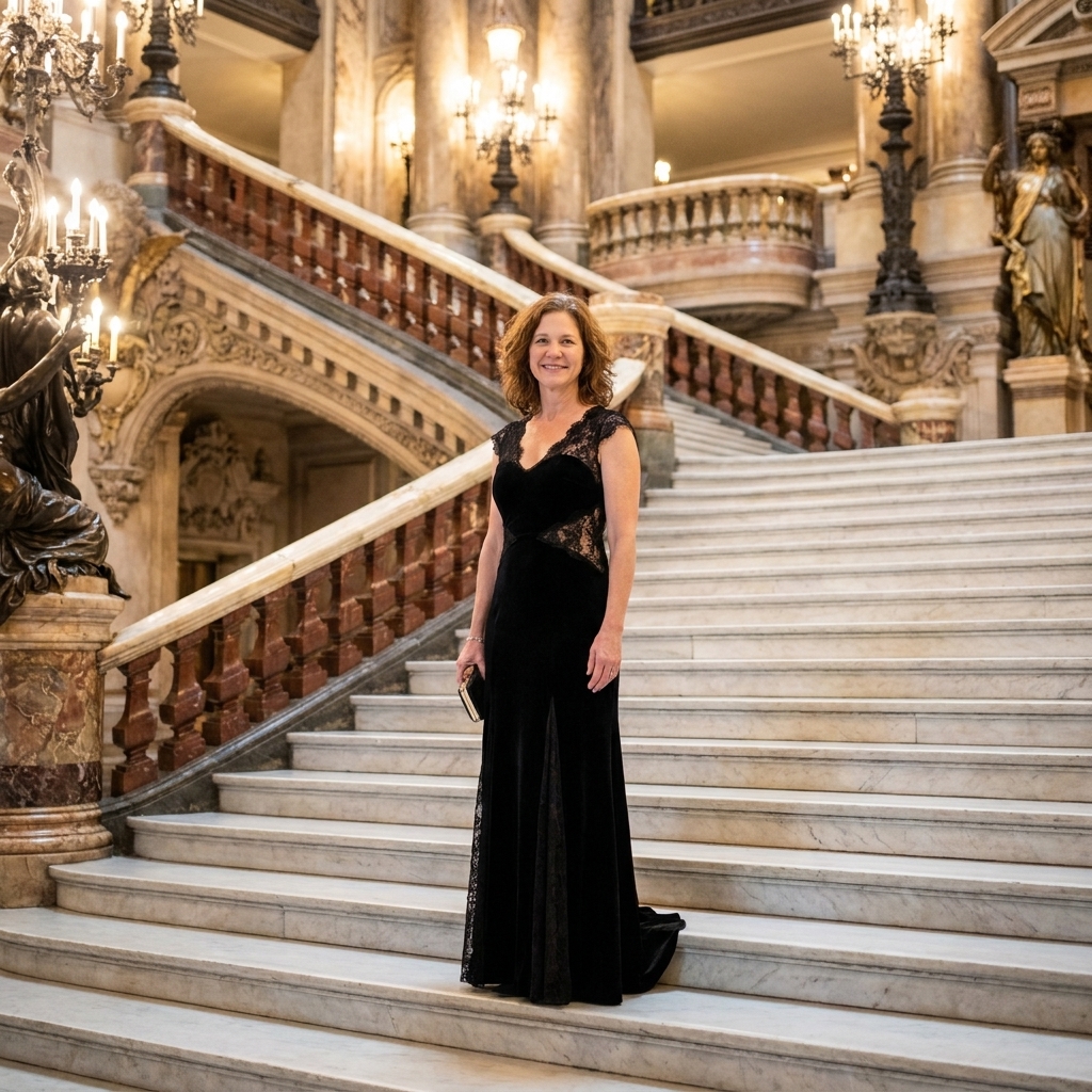 The grand marble staircase inside Palais Garnier in Paris, with ornate balustrades, golden details, and soft chandelier light