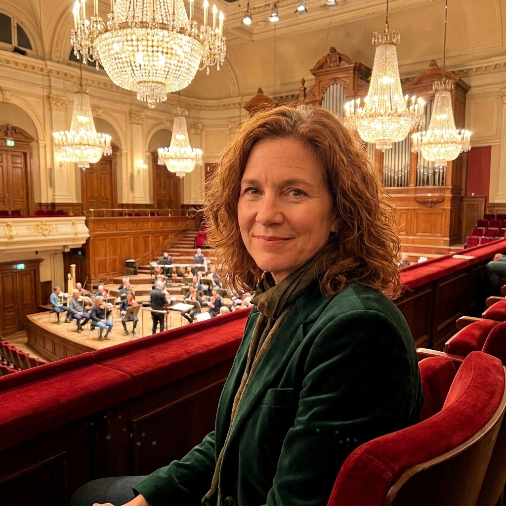 The interior of Amsterdam's Concertgebouw, with warm wood tones, red seating, chandeliers, and the orchestra stage at the far end