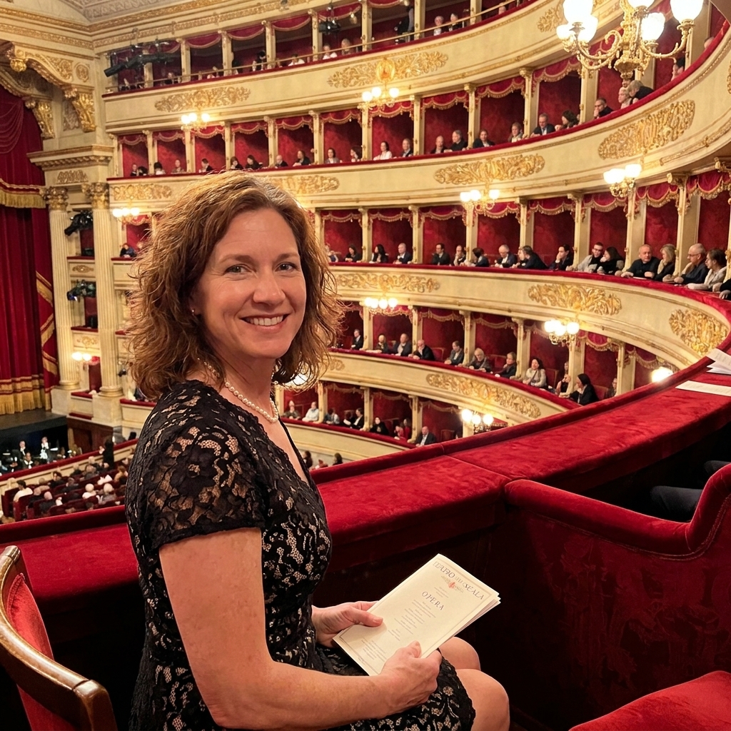 The interior of Teatro alla Scala in Milan, showing red velvet balconies stacked in a horseshoe shape around a warmly lit stage