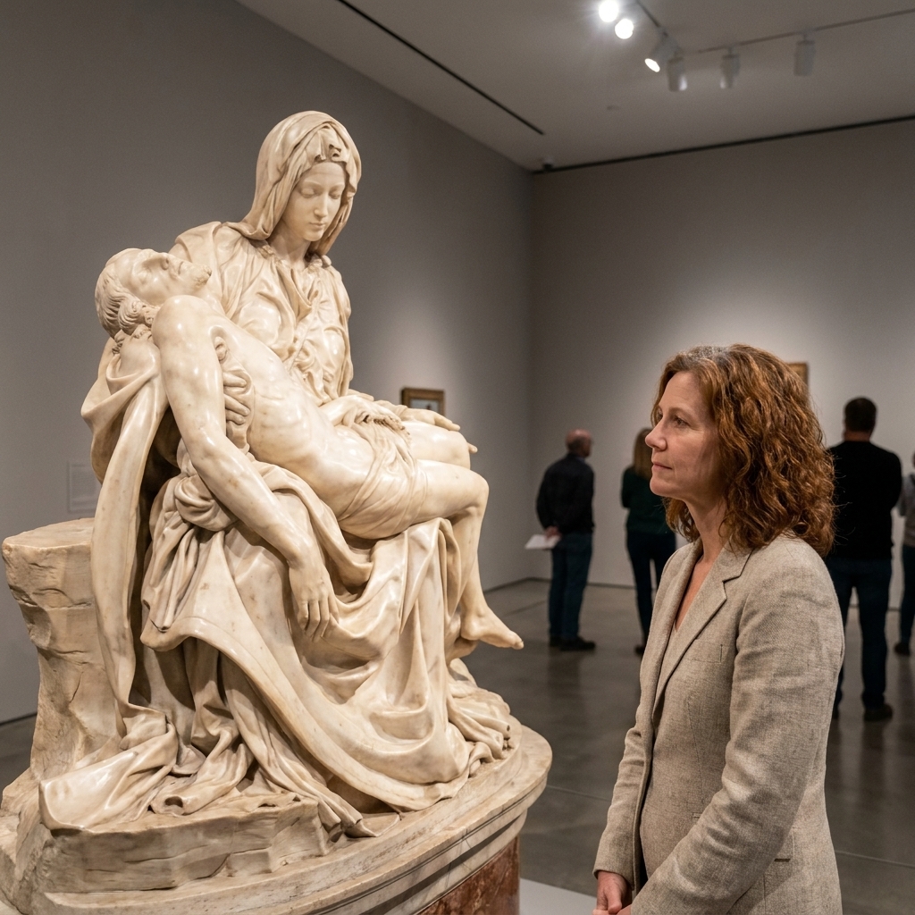 The marble sculpture of Michelangelo's Pietà in a museum-like setting, showing the stable triangular arrangement of Mary and the body of Christ