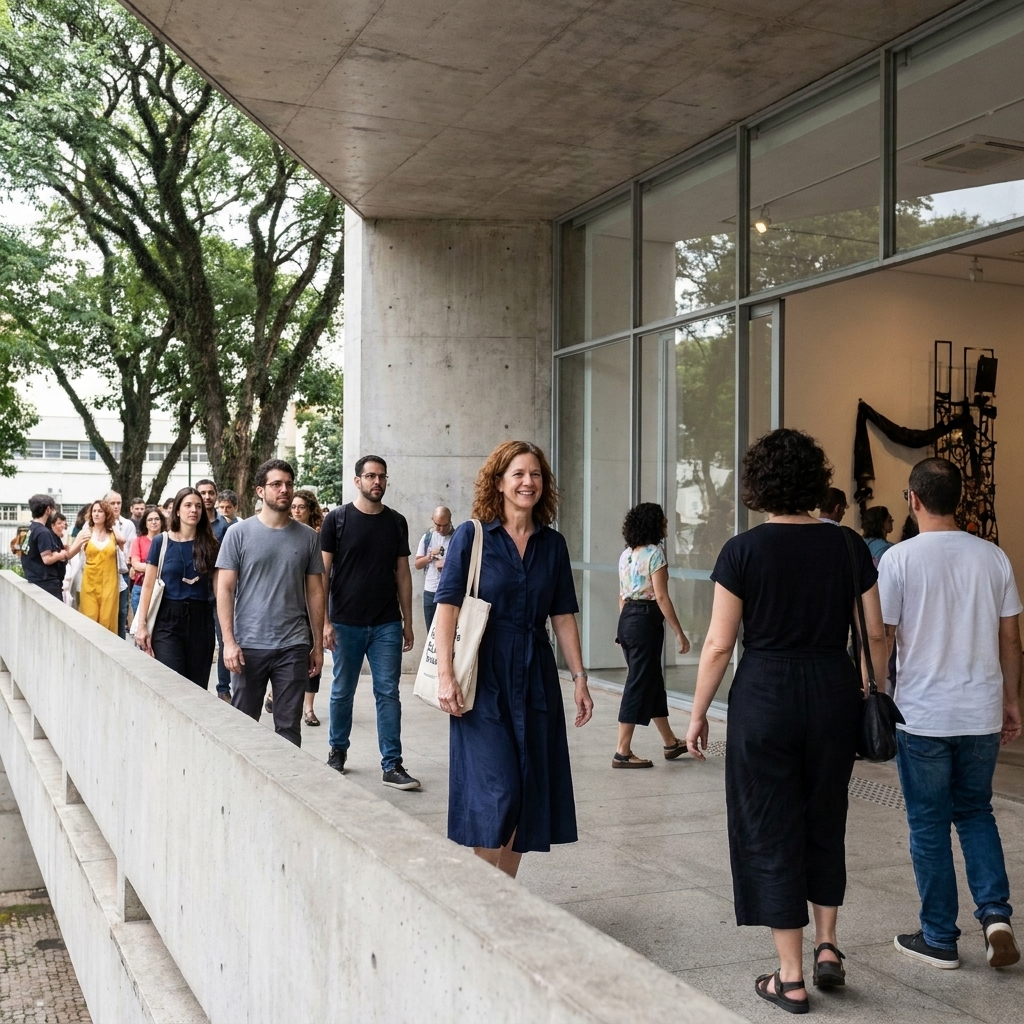 The modernist pavilion in Ibirapuera Park during the São Paulo Biennial with visitors entering through a wide open corridor and trees outside