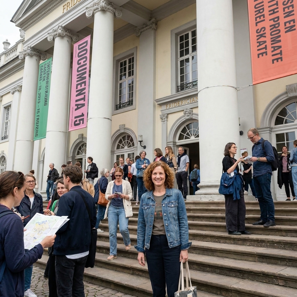 The neoclassical facade of the Fridericianum in Kassel with visitors gathered on the steps and banners indicating Documenta