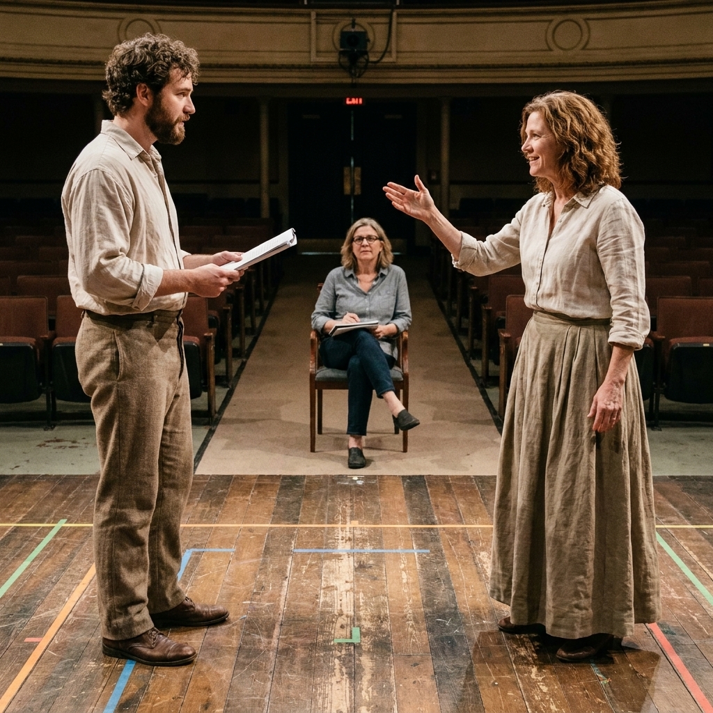 Two actors in period-inspired rehearsal clothing practicing stage blocking on a wooden floor, with tape marks on the stage and a director watching from the aisle