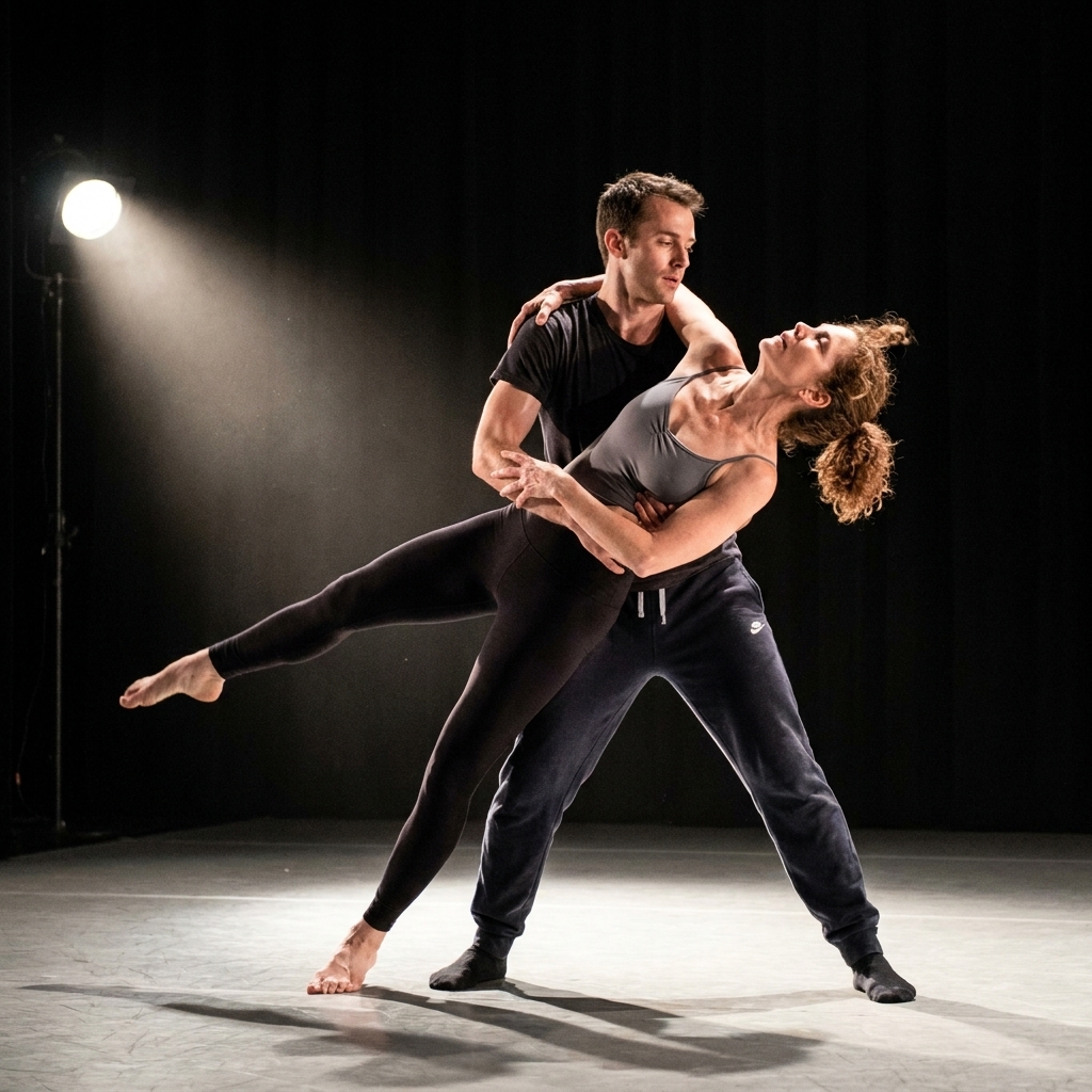 Two ballet dancers in simple rehearsal-style costumes performing a contemporary duet under stark stage lighting, with one dancer supporting the other in an off-balance lean