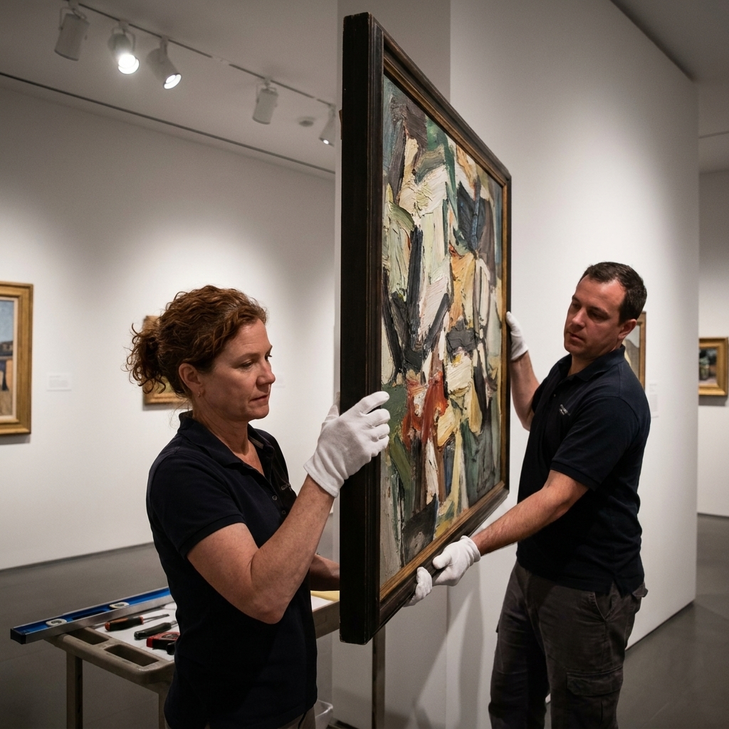 Two professional art handlers wearing gloves carefully installing a large framed painting on a white gallery wall under track lighting