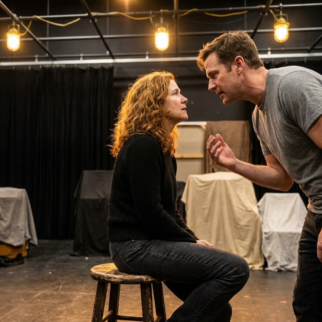 Two stage actors rehearsing a scene under warm work lights, one seated and one standing close, both focused and emotionally engaged