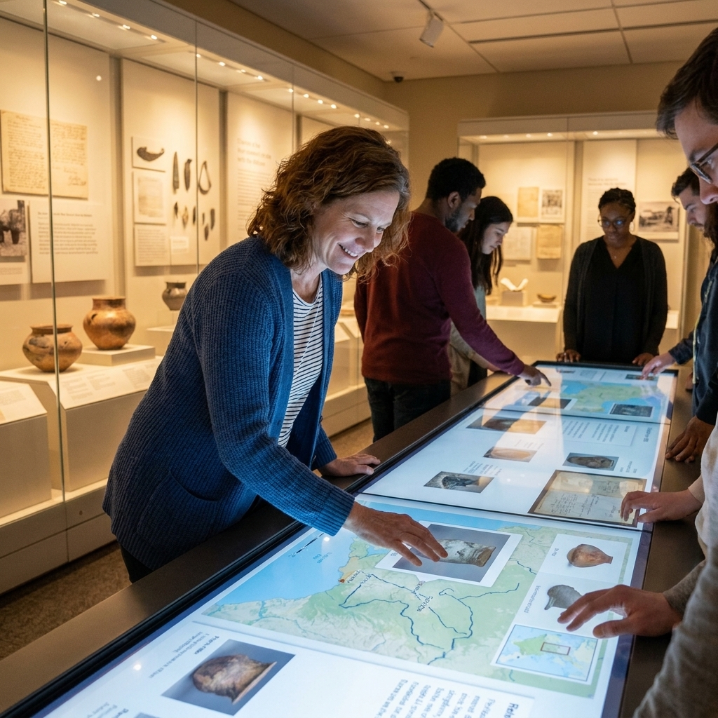 Visitors gathered around a long interactive table in a museum, exploring digital content with their hands while original objects sit nearby in display cases