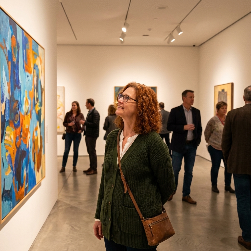 Visitors in a modern art museum gallery looking at large abstract paintings under soft track lighting