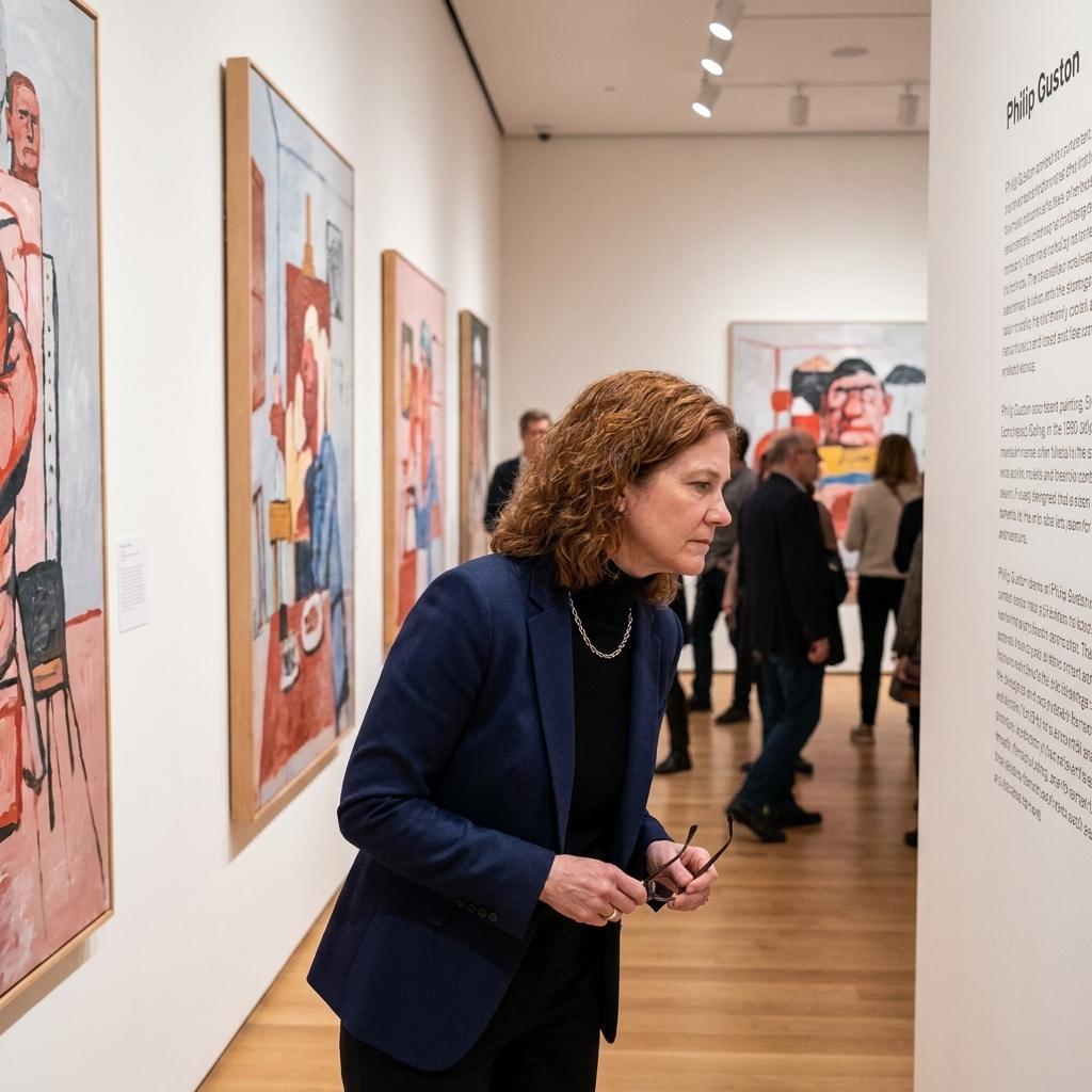 Visitors reading interpretive wall text beside Philip Guston paintings in a major museum retrospective gallery