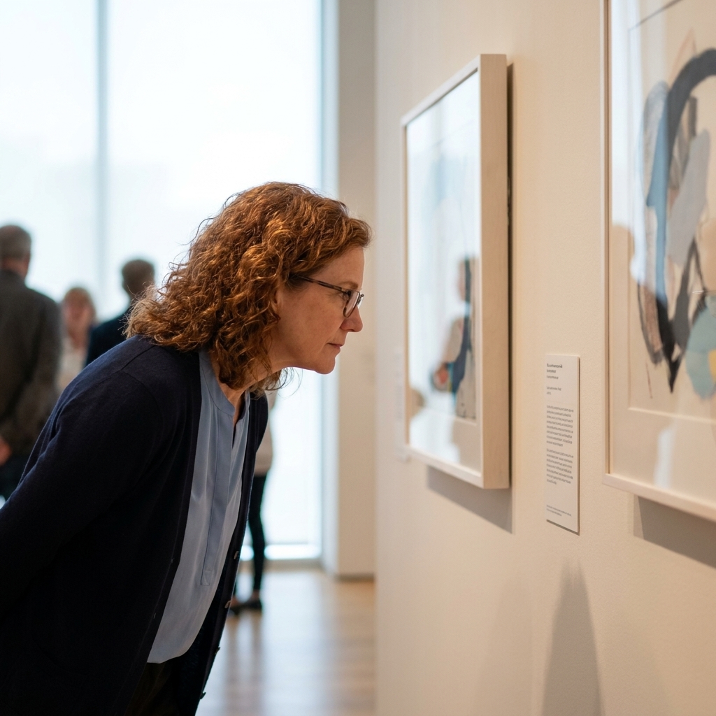 Visitors standing close to a museum wall reading small wall labels beside contemporary artworks, with soft natural light and a quiet, contemplative atmosphere