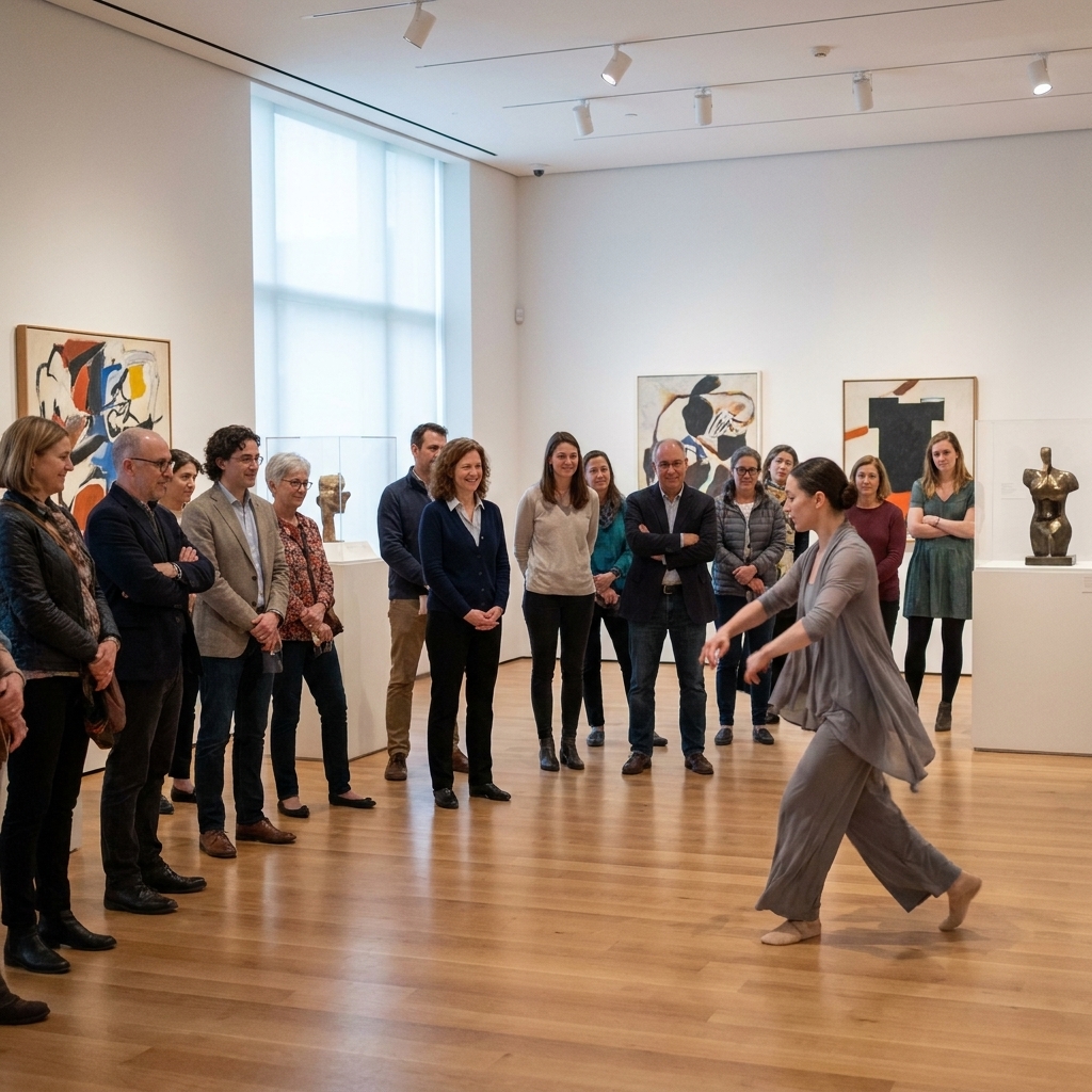 Visitors standing in a loose semicircle inside a museum gallery while a performer moves in an open floor area